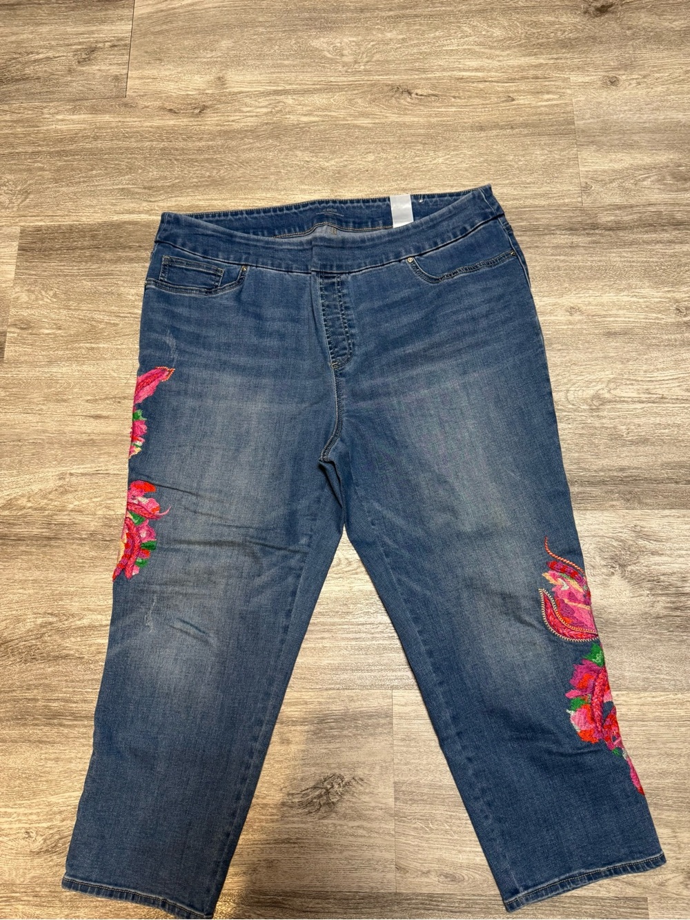 Chico's Dark Blue Cropped Jeans with Pink & Red Floral Embroidery